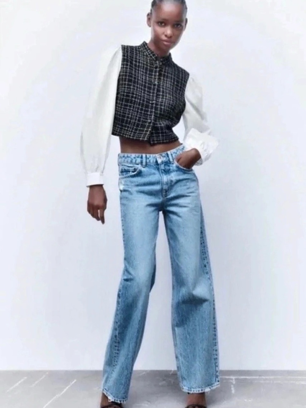 Zara Combined Contrasting Tweed Top With Poplin Sleeves Black & White Medium